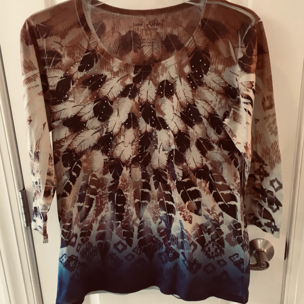 Jane Ashley Pullover 3/4 Sleeve Sz S Feather Print